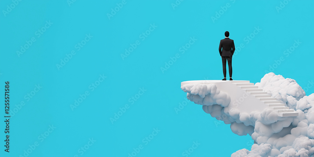 man in suit stands on staircase made of clouds, looking towards bright blue sky, symbolizing ambition and dreams man in suit stands on staircase made of clouds, looking towards bright blue sky, symbolizing ambition and dreams