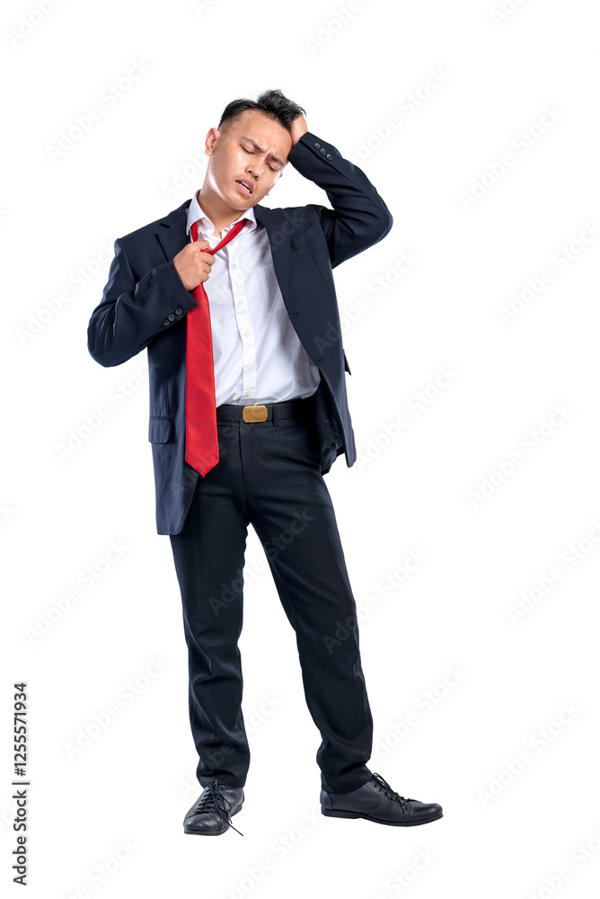 Portrait of a tired Asian businessman loosening his tie isolated over a white background. Concept of Indonesian business stress or work problem