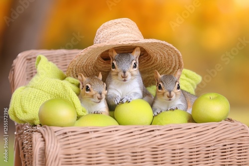 Adorable squirrels relaxing in basket with green apples and cozy autumn vibes photo