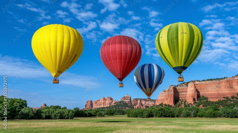 Fototapeta premium Four colorful hot air balloons float over a grassy field, with a backdrop of red rock mountains under a partly cloudy blue sky. The balloons are