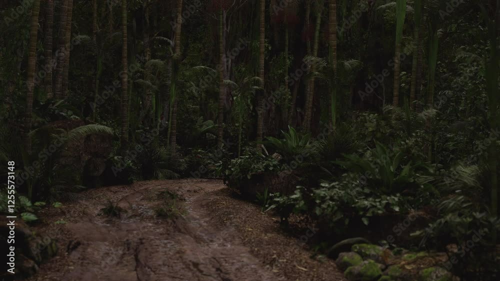 A winding dirt path travels through a dense tropical rainforest, surrounded by vibrant greenery and towering trees. Soft light filters through the canopy, creating an enchanting atmosphere. A winding dirt path travels through a dense tropical rainforest, surrounded by vibrant greenery and towering trees. Soft light filters through the canopy, creating an enchanting atmosphere.