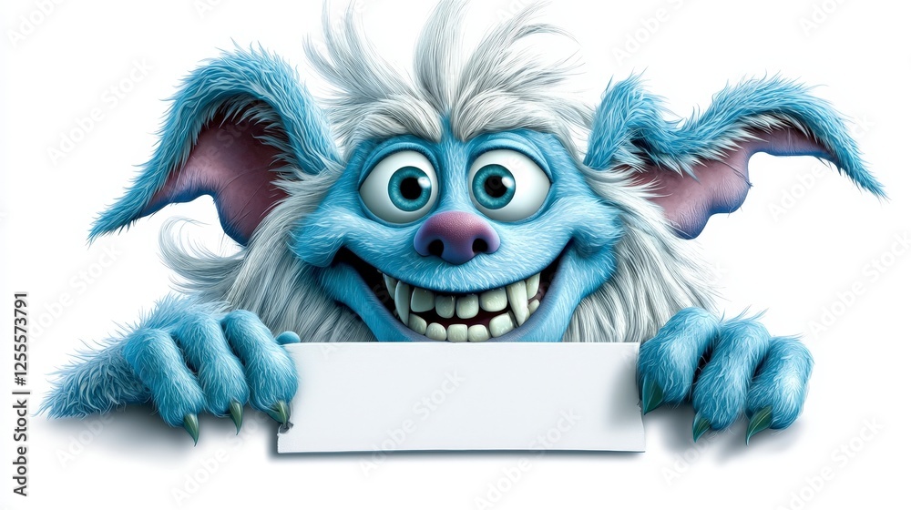 Fototapeta premium Happy Blue Creature with Large Ears and Friendly Smile Holds Sign