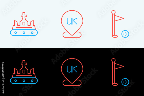 Set line Golf flag, British crown and Location England icon. Vector