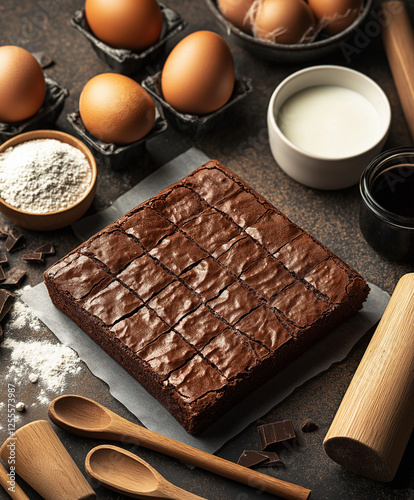 An image of a chocolate brownie surrounded by ingredients like eggs, flour, and milk. The focus should be on the texture of the square-shaped cake with visible lines of melted dark chocolate in it. In photo