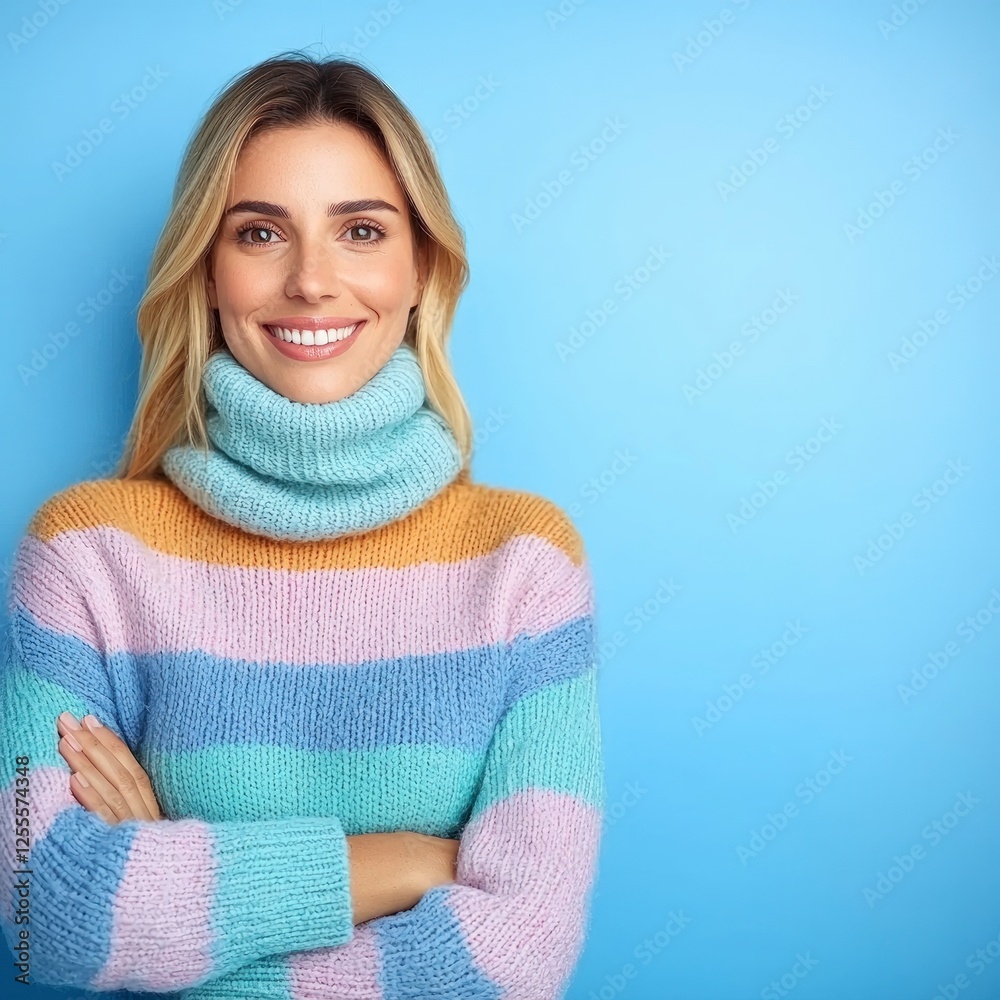 Smiling Woman in Pastel Striped Sweater Against Blue Background Smiling Woman in Pastel Striped Sweater Against Blue Background