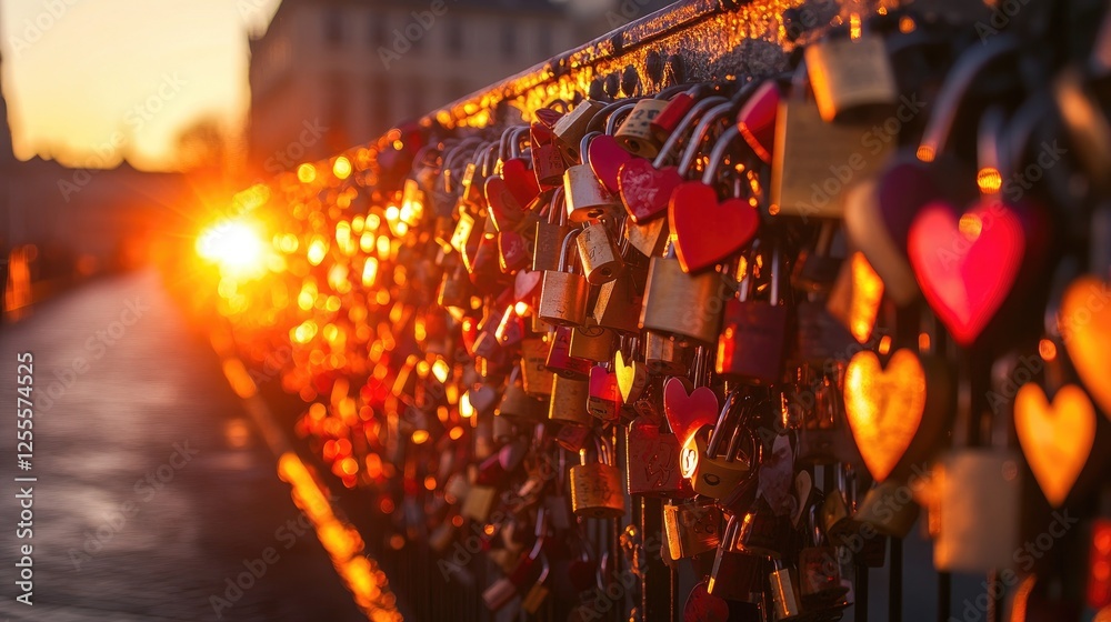 Naklejka premium A romantic bridge covered in heart-shaped love locks, each representing a unique love story, with the warm sunlight casting a golden glow over them