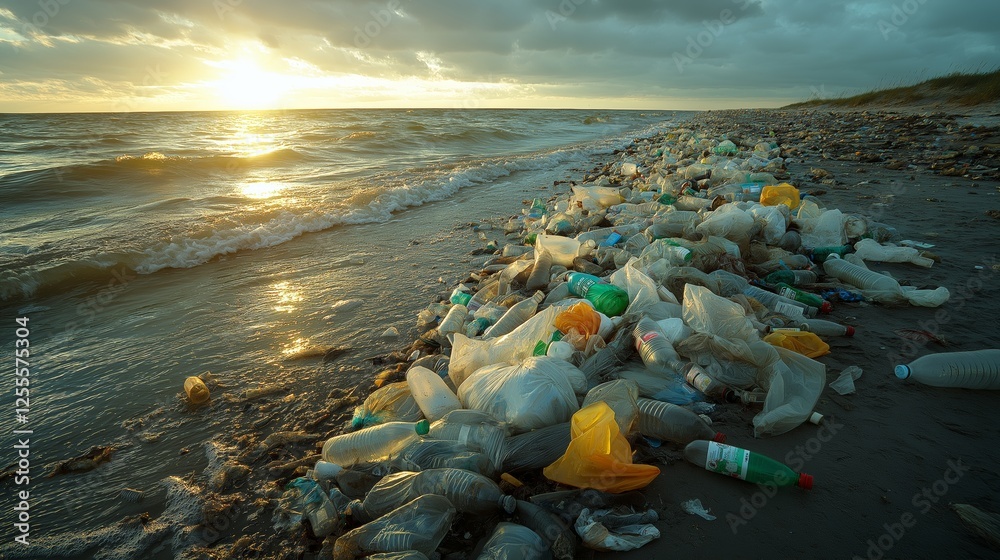 Environmental crisis plastic pollution on coastal beach nature photo sunset viewpoint urgent awareness Environmental crisis plastic pollution on coastal beach nature photo sunset viewpoint urgent awareness