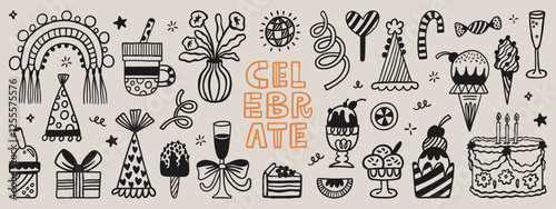 Party time and sweet desserts hand-drawn doodle elements. Vector set with birthday present, balloon, cake, cupcake and ice cream.