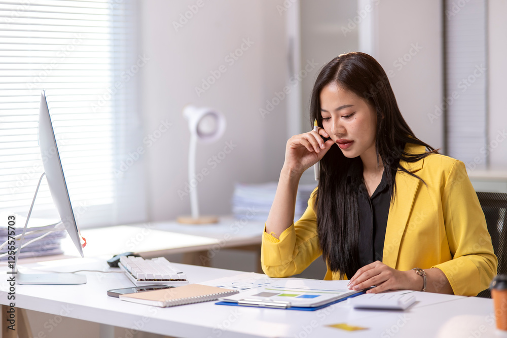A woman in a yellow jacket is talking on her cell phone while sitting at a desk A woman in a yellow jacket is talking on her cell phone while sitting at a desk