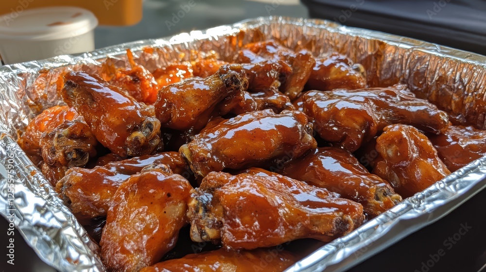 Sweet and smoky honey BBQ wings, served in a large foil container. Perfectly glazed and ready to enjoy at your next gathering. Sweet and smoky honey BBQ wings, served in a large foil container. Perfectly glazed and ready to enjoy at your next gathering.