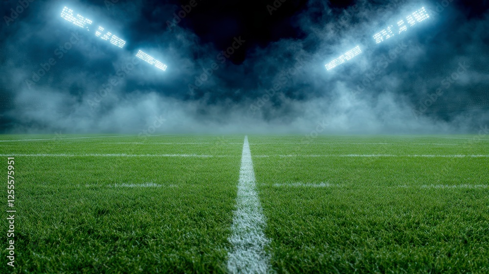 Obraz premium Empty sports field under dramatic stadium lights, shrouded in misty atmosphere, showcasing a bright center line and lush green grass. The lights are
