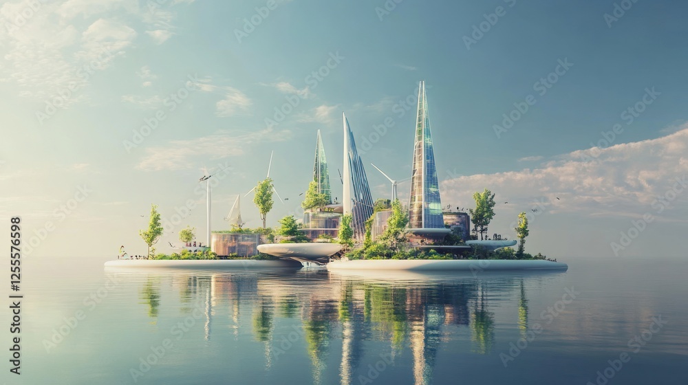Obraz premium Sustainable Cityscape: Futuristic Eco-Island with Green Technology and Modern Architecture