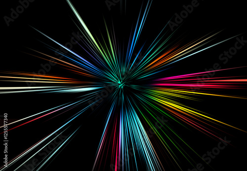 Abstract surface of blur radial zoom in multicolored colors on a black background. Bright and dynamic background with radial, diverging, converging lines	