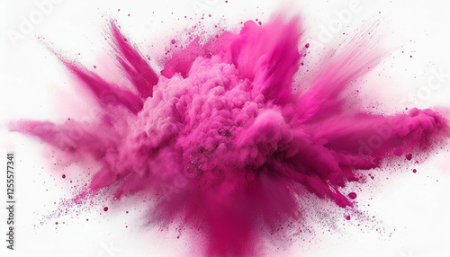 Colorful pink powder explosion on white studio background for gender reveal party: It's a baby Girl 