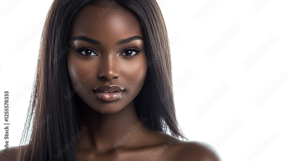Naklejka premium pretty black African woman with radiant flawless skin, facial and skincare beauty industrial model portrait on soft light background 