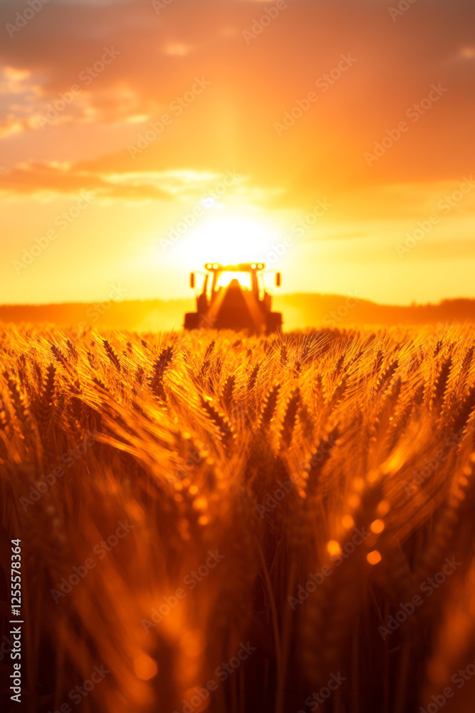 Fototapeta premium A timeless agricultural scene showcasing rows of wheat dancing in a breeze, while a lone farmer