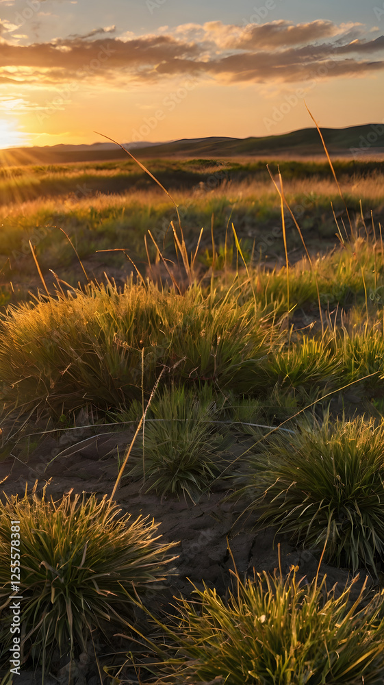 Prairie Sunset: Golden hour light bathes a vibrant prairie landscape, illuminating tall grasses and the setting sun in a breathtaking display of nature's beauty. Prairie Sunset: Golden hour light bathes a vibrant prairie landscape, illuminating tall grasses and the setting sun in a breathtaking display of nature's beauty.