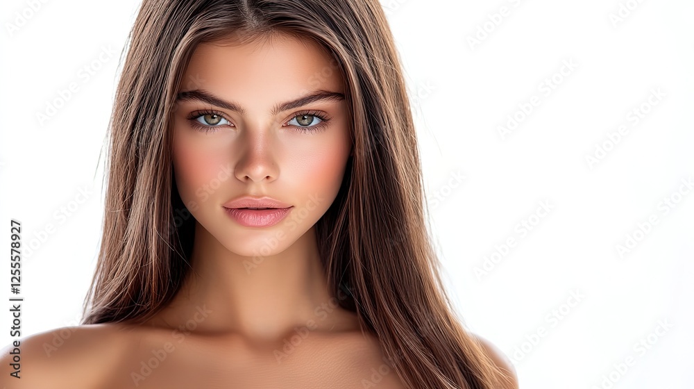pretty brunette hair Caucasian woman with radiant flawless skin, facial and skincare beauty industrial model portrait on soft light background pretty brunette hair Caucasian woman with radiant flawless skin, facial and skincare beauty industrial model portrait on soft light background