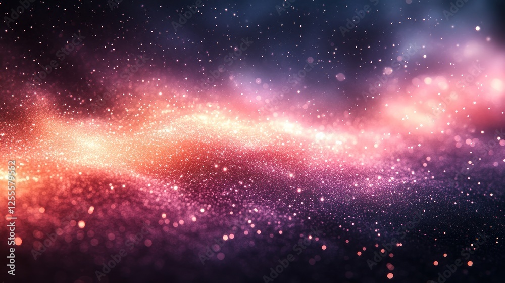 Fototapeta premium Abstract cosmic nebula with vibrant pink, orange, and purple glitter.