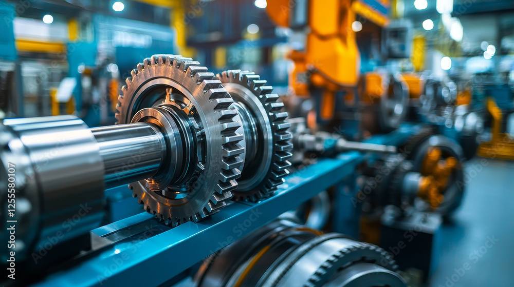 Gear System. Industrial gears in factory setting with vibrant machinery Gear System. Industrial gears in factory setting with vibrant machinery