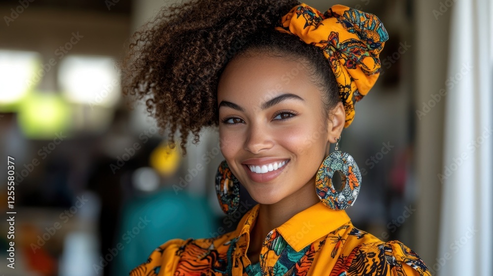 Fototapeta premium Smiling young woman with afro hairstyle and vibrant yellow outfit.