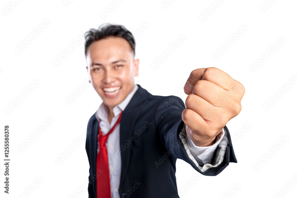 Portrait of an Asian businessman raising hands with an excited expression isolated over a white background. Concept of Indonesian business, entrepreneur, and successful Portrait of an Asian businessman raising hands with an excited expression isolated over a white background. Concept of Indonesian business, entrepreneur, and successful