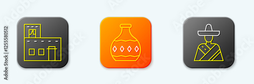 Set line Mexican house, Tequila bottle and man sombrero icon. Vector