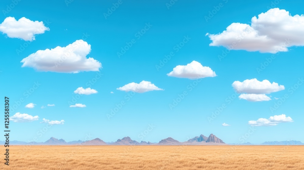 Serene desert landscape with blue sky, clouds, and distant rocky mountains Serene desert landscape with blue sky, clouds, and distant rocky mountains