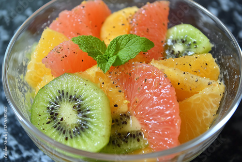 Refreshing citrus salad Ingredients: • 1 Orange • 1 Grapefruit • 1 Kiwi • 1 tsp Honey • A few mint leaves . Sweet dessert Fruits healthy fresh salad  photo