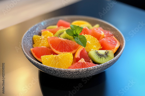 Refreshing citrus salad Ingredients: • 1 Orange • 1 Grapefruit • 1 Kiwi • 1 tsp Honey • A few mint leaves . Sweet dessert Fruits healthy fresh salad  photo