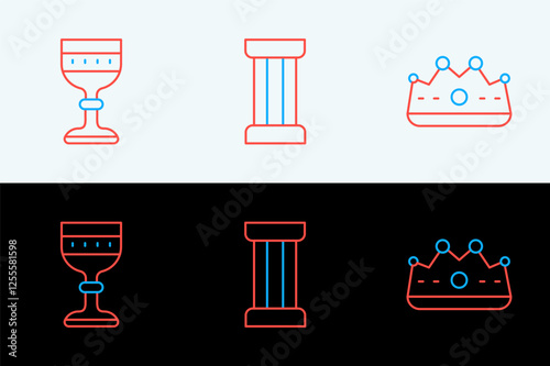 Set line King crown, Medieval goblet and Ancient column icon. Vector