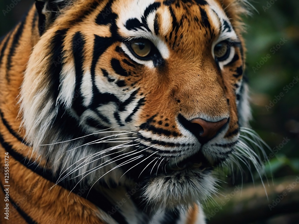 Obraz premium Majestic Tiger Close-Up in Tropical Habitat Showcasing Striking Orange Fur and Powerful Presence