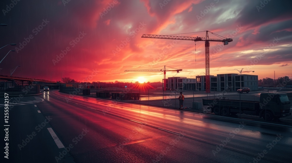 Stunning Sunset Construction Site with Cranes and Wet Road Stunning Sunset Construction Site with Cranes and Wet Road