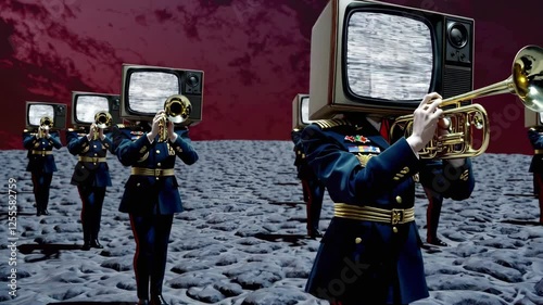 Military musicians marching in formation playing trumpets with old televisions instead of heads, symbolizing propaganda and disinformation spread through mass media, against a dramatic red sky