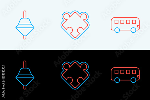 Set line Bus toy, Whirligig and Puzzle pieces icon. Vector