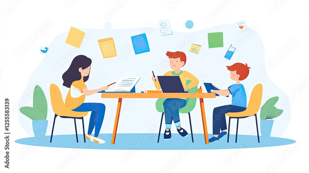 Parents helping their children with homework at a cozy dining table, engaging in education. Parents helping their children with homework at a cozy dining table, engaging in education.