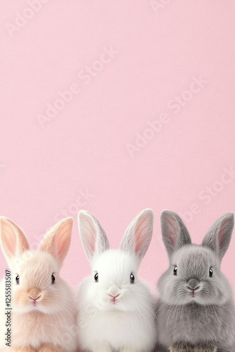 Three fluffy rabbits posed in a row, blending harmoniously with a gentle pink backdrop, portraying photo