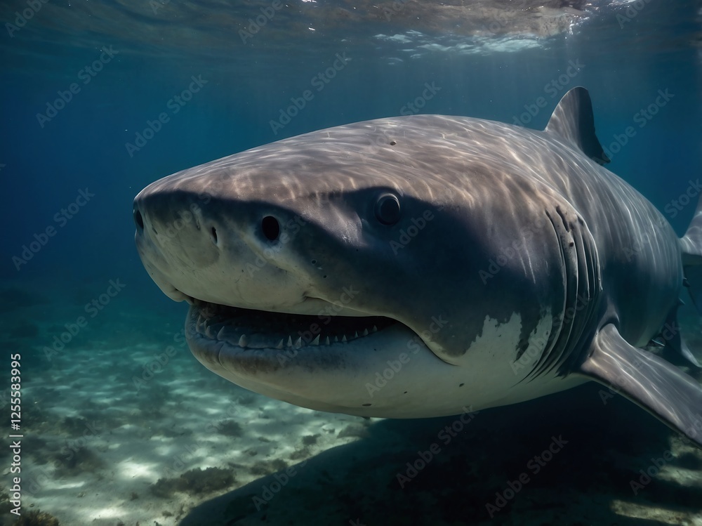 Fototapeta premium Great White Shark Close-Up in Underwater Ocean Habitat