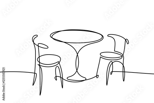 Garden chairs and table in continuous line art drawing style. Classic style dining room furniture black linear sketch isolated on white background. Vector illustration