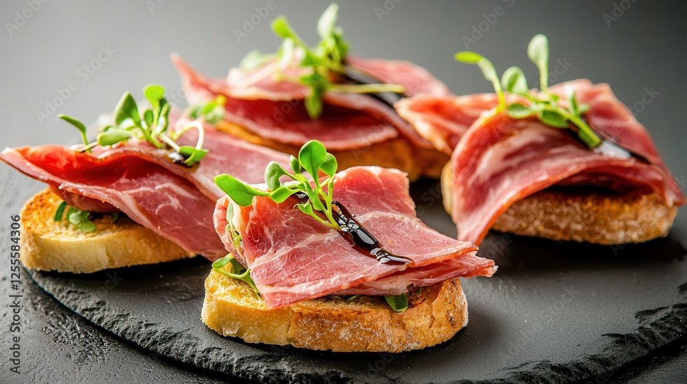 Iberico cured meat enhances flavorful appetizers. Gourmet toast topped with cured meat and fresh sprouts on a black slate plate. Iberico cured meat enhances flavorful appetizers. Gourmet toast topped with cured meat and fresh sprouts on a black slate plate.
