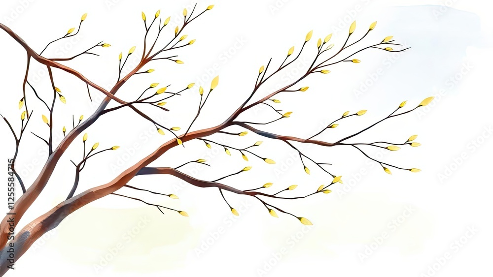 Spring Branch with Yellow Buds Delicate Watercolor Tree Illustration Nature Artwork Spring Branch with Yellow Buds Delicate Watercolor Tree Illustration Nature Artwork
