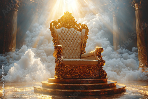 Ornate throne in majestic hall with clouds and light rays, ideal for fantasy concepts
