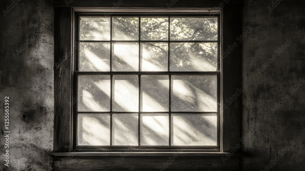 Obraz premium A rustic wooden window with a visor, casting soft, elongated shadows across the worn farmhouse wall, giving a vintage, timeless feel