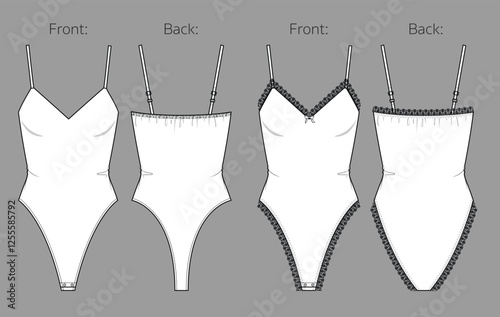 Vector woman v neck body fashion CAD, one-piece bodysuit with shoulder straps and lace trim technical drawing, template, flat, sketch. Jersey fabric 2 pcs body set with front, back view, white color