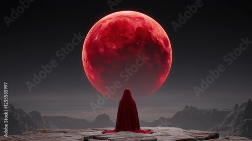 Mystical figure in red cloak gazing at glowing red moon over rocky landscape
