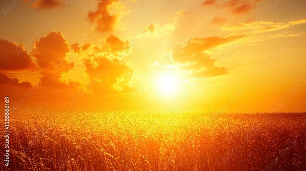 Fototapeta premium Sunset glow over wheat field serene landscape nature photography rural setting vibrant colors tranquil scene