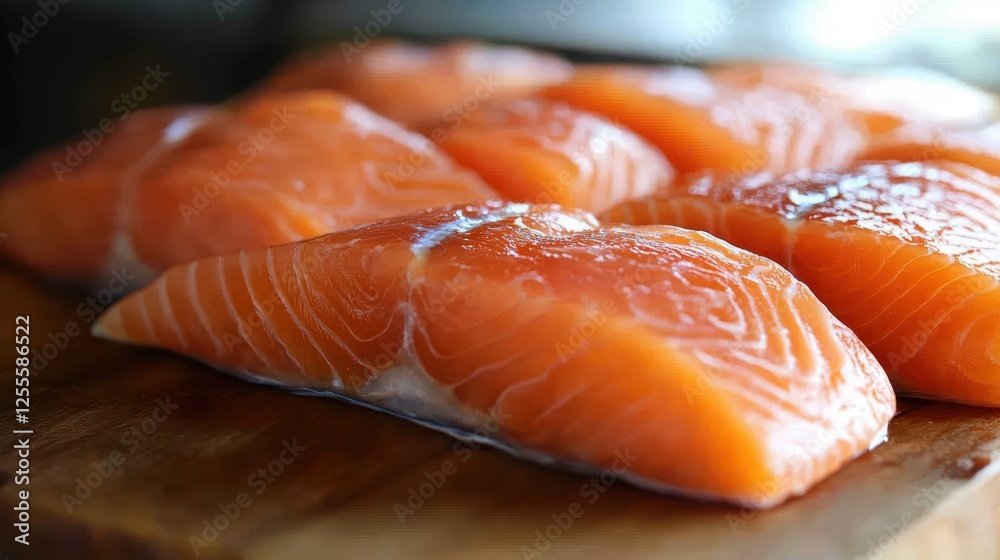 Fresh raw salmon fillets displayed on a cutting board, ready for preparation. Fresh raw salmon fillets displayed on a cutting board, ready for preparation.
