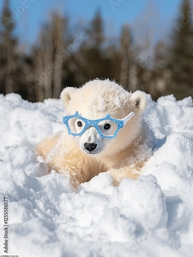 Adorable polar bear cub wearing blue glasses relaxing in snowy landscape