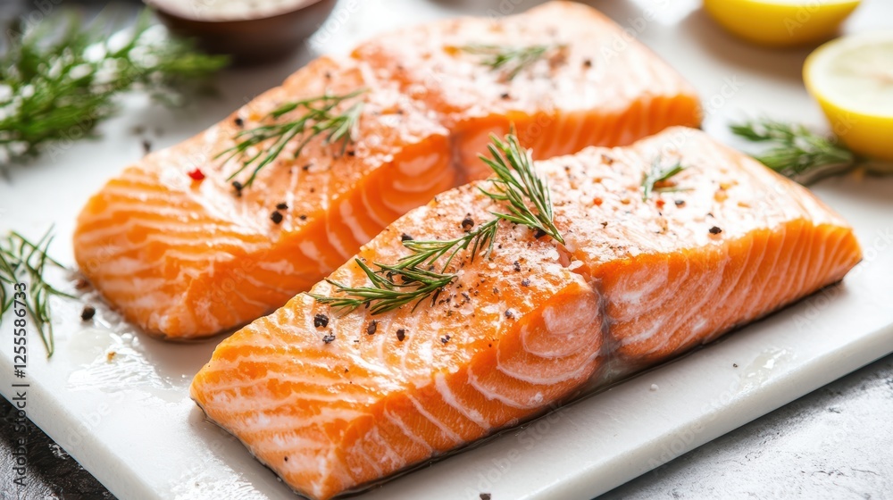 Freshly sliced salmon with herbs arranged beautifully on the table for a flavorful dish. Freshly sliced salmon with herbs arranged beautifully on the table for a flavorful dish.