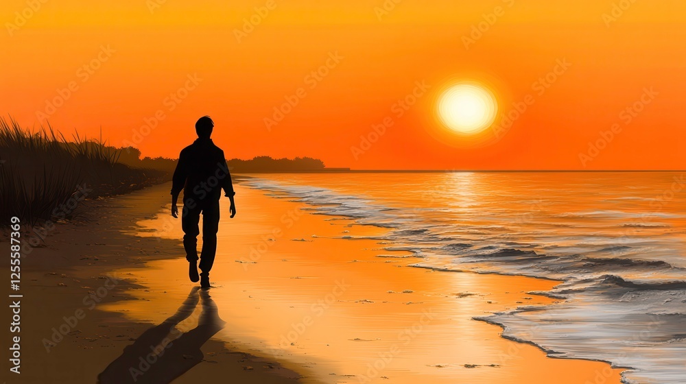 Strolling at sunset beach seascape warm colors side view tranquility and reflection